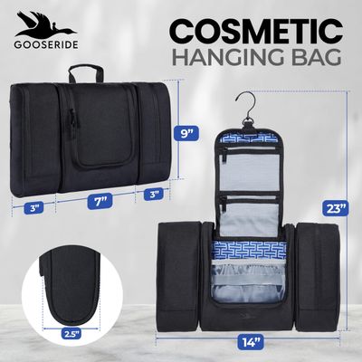 GOOSERIDE Travel Toiletry Bag for Women and Men - Hanging Cosmetic Travel Bag w/ 3 Detachable Organizer, Durable Hygiene Bag, Hanging Toiletry Bag Men or Makeup Case for Skincare - Black