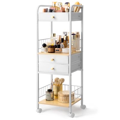 HBlife Floor Makeup Organizer Storage Cart, Make Up Organizers with Drawers, Vanity Cosmetics Display Cases Holder for Skincare Nail Polish Perfume, Bathroom Organizer Shelf with Wheels