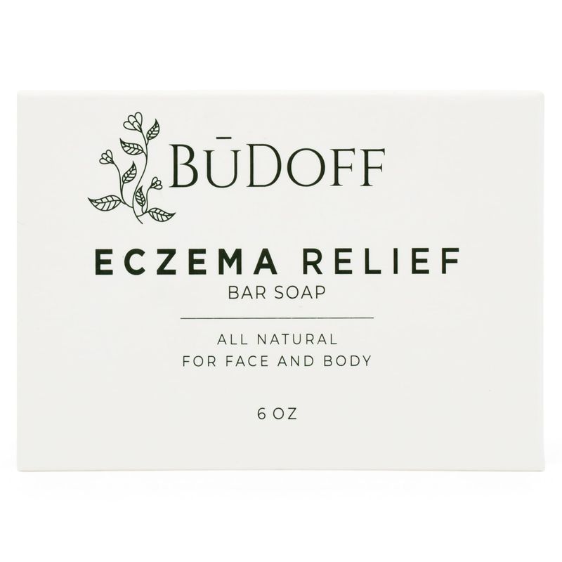 BUDOFF Eczema Relief Bar Soap | All Natural | Coconut Oil, Cucumber Oil, and Aloe Leaf Juice | For Face and Body | 6 Oz Bar Soap | Acne Psoriasis Fine Lines Blemishes Skin Care Treatment
