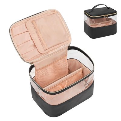 CUBETASTIC Travel Makeup Bag, Large Capacity Make Up Bag for Women Transparent Plastic Patchwork Clear Cosmetic Skincare Organizer Train Case Waterproof Portable Toiletry Bag, Black