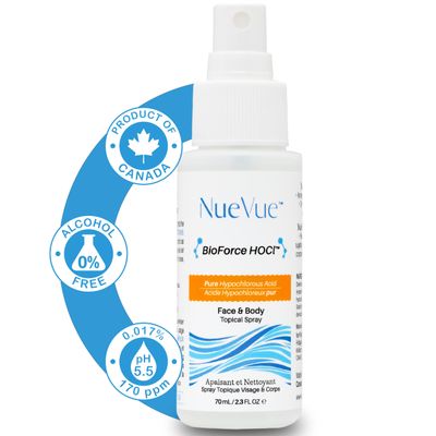 BioForce HOCl - Pure Hypochlorous Acid Spray for Face Travel Size Toner &amp; Cleanser - Made in Canada - Acne-Prone Skin &amp; Eczema, Piercing aftercare, pH Balanced, Non-comedogenic - NueVue (2.3 oz)