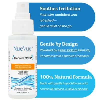 BioForce HOCl - Pure Hypochlorous Acid Spray for Face Travel Size Toner &amp; Cleanser - Made in Canada - Acne-Prone Skin &amp; Eczema, Piercing aftercare, pH Balanced, Non-comedogenic - NueVue (2.3 oz)