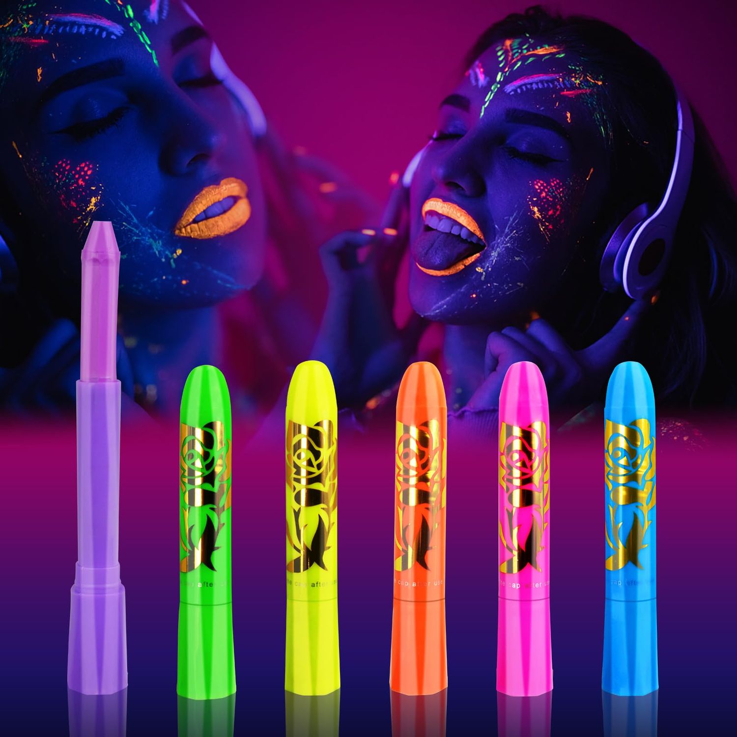 6 Pack Glow in The Dark Body Face Paint Neon Glow in The Black Light UV Fluorescent Crayons Paint Sticks Makeup Kit for Kids Adults Halloween Masquerade Mardi Gras Blacklight Birthday Party