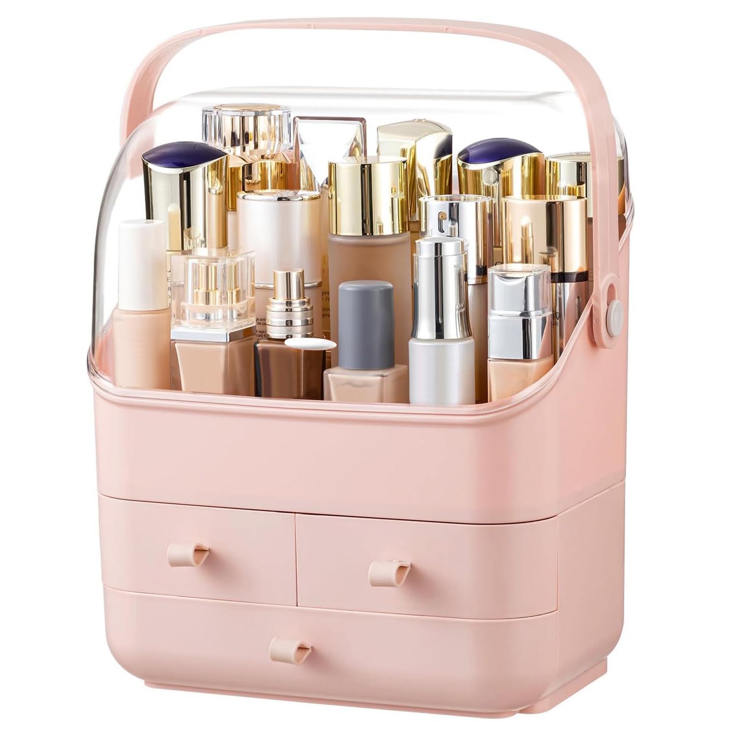 HBlife Makeup Organizer, Waterproof &amp; Dustproof Cosmetic Storage, Fully Open Lid Makeup Display Box, Skincare Organizer for Bathroom Countertop Vanity, Pink