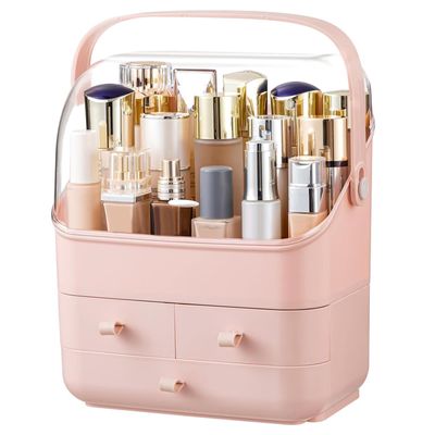 HBlife Makeup Organizer, Waterproof &amp; Dustproof Cosmetic Storage, Fully Open Lid Makeup Display Box, Skincare Organizer for Bathroom Countertop Vanity, Pink