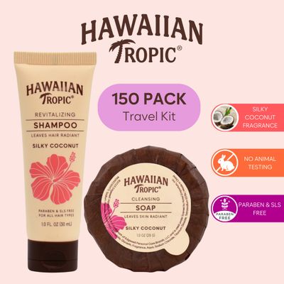 Hawaiian Tropic Silky Coconut Airbnb Shampoo Conditioner Body Wash Lotion &amp; Soap (150 PK, 1 oz each), Guest Bathroom Essentials Toiletries Travel Size Bulk Mini Sets Hygiene Kits Air Bnb Toiletry