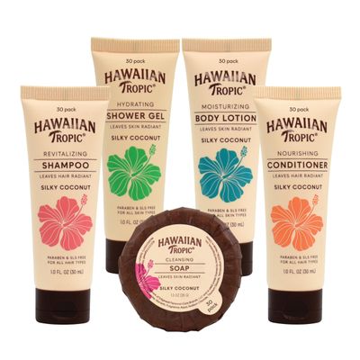 Hawaiian Tropic Silky Coconut Airbnb Shampoo Conditioner Body Wash Lotion &amp; Soap (150 PK, 1 oz each), Guest Bathroom Essentials Toiletries Travel Size Bulk Mini Sets Hygiene Kits Air Bnb Toiletry