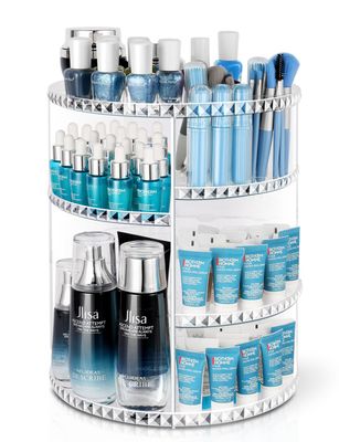 360 Rotating Makeup Organizer, Large Capacity Vanity Organizer with DIY Adjustable Trays, Makeup Brush Perfume Skincare Organizer Spinning Holder Shelf Storage Rack for Bathroom, Bedroom