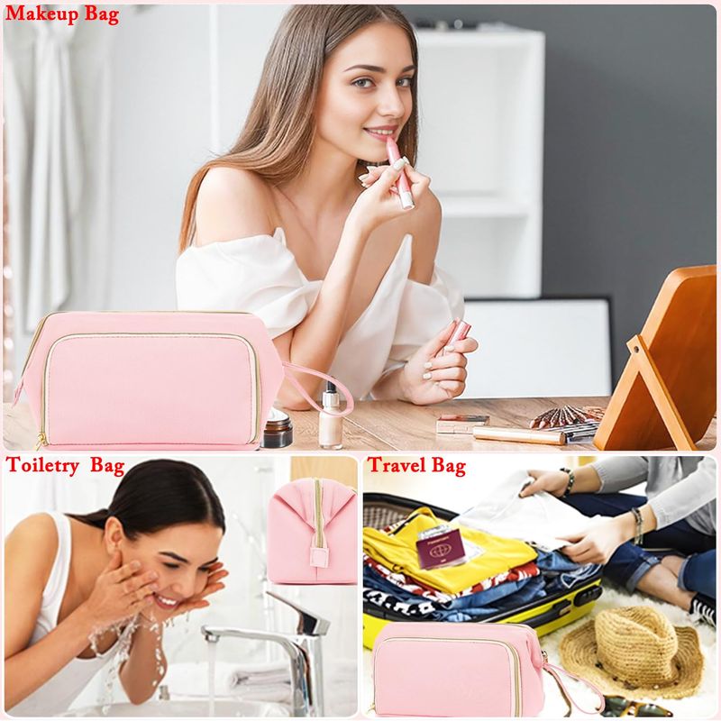 Fammart Travel Makeup Bag, Wide-open Cosmetic Bag Make Up Organizer Case with Brushes Pocket for Women, Large Family Toiletry Bag Skincare Pouch for Toiletries Accessories