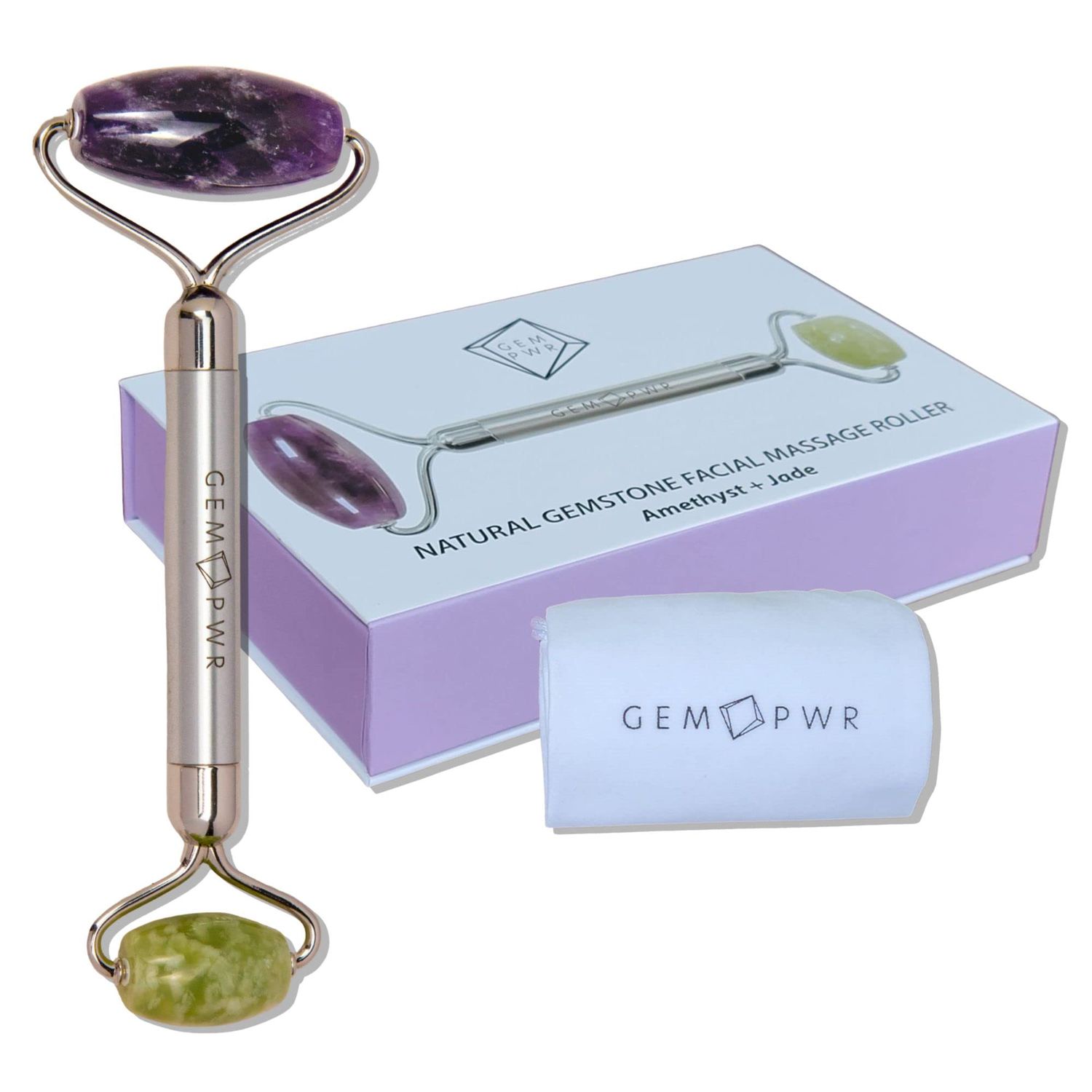 GEM PWR Amethyst + Jade Roller for Face and Neck Massage, Dual Gemstones with Durable Steel Handle and Travel Bag. Minimize Wrinkles, Reduce Puffiness and Restore Skin&#39;s Elasticity and Radiance