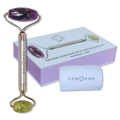 GEM PWR Amethyst + Jade Roller for Face and Neck Massage, Dual Gemstones with Durable Steel Handle and Travel Bag. Minimize Wrinkles, Reduce Puffiness and Restore Skin&#39;s Elasticity and Radiance