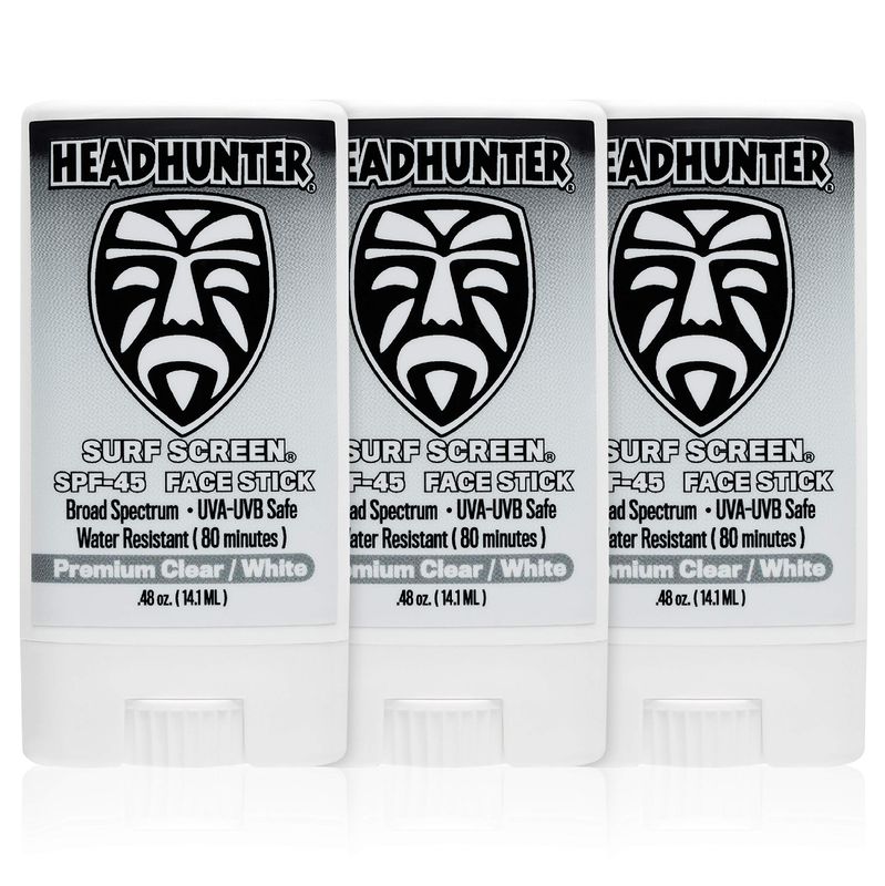Headhunter Sunscreen Face Stick SPF 45, Waterproof Surf Sunblock for Waterman, Water-Resistant Facial Sunscreen for Ultra-Sport Protection and Solar Defense (80 min), Clear White (3 pack)