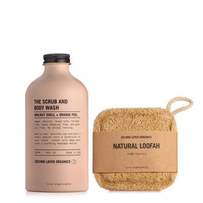 All Natural Body Scrub 10oz - Body Exfoliator with Walnut Shells and Orange Peel - Nourishing Cleanser &amp; Body Scrub - Clean Beauty - Vegan Body Care - Organic Loofa Included