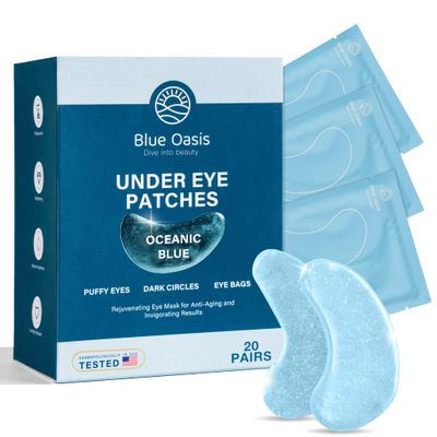 Blue Oasis Under Eye Patches for Puffy Eyes and Dark Circles - 20 Pairs Brightening Oceanic Blue, Hyaluronic Acid and Collagen Eye Care Gel Pads, Relaxing Self Care and Home Spa Gifts for Women