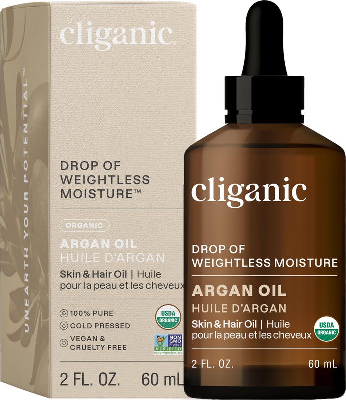 Cliganic Organic Argan Oil, 100% Pure - for Hair, Face &amp; Skin | Cold Pressed Carrier Oil (Packaging May Vary)