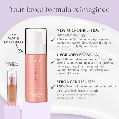 EXUVIANCE AGE REVERSE+ Advanced Total Correct Firming Antiaging Face Serum - For Fine Lines and Deep Wrinkles - Hydrates, Brightens &amp; Evens Skin Tone with Peptides, Hyaluronic Acid and PHA, 1 Fl Oz