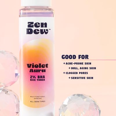 2% BHA Liquid Rice Toner | Violet Aura by Zen Dew | 2% Salicylic Acid Toner for Face, 73% Korean Rice Milk & 2% Niacinamide | Pore Minimizer for Face, Brightens, 3.38 fl oz. Made in S. Korea