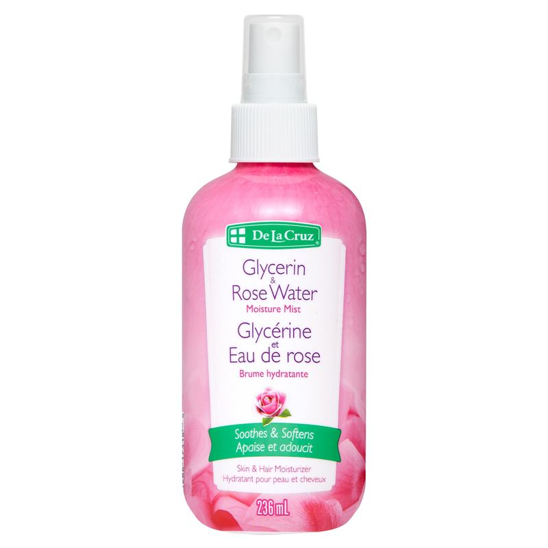 De La Cruz Rose Water and Glycerin Spray for Face - Rosewater Facial Toner and Moisturizer Mist for Skin and Hair 8 fl oz (236 mL)