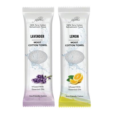 FabbPro Oshibori Moist Terry Cotton Refreshment Towels (50 Pack, 8 x 8 Inches) - White Mildly Scented Pre-moistened Towel to Use Hot or Cold - Lemon &amp; Lavender Scent Bundle of 25 each