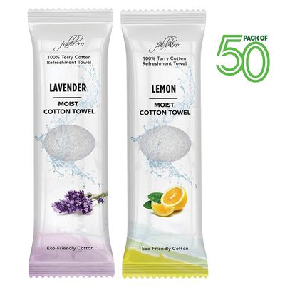 FabbPro Oshibori Moist Terry Cotton Refreshment Towels (50 Pack, 8 x 8 Inches) - White Mildly Scented Pre-moistened Towel to Use Hot or Cold - Lemon &amp; Lavender Scent Bundle of 25 each