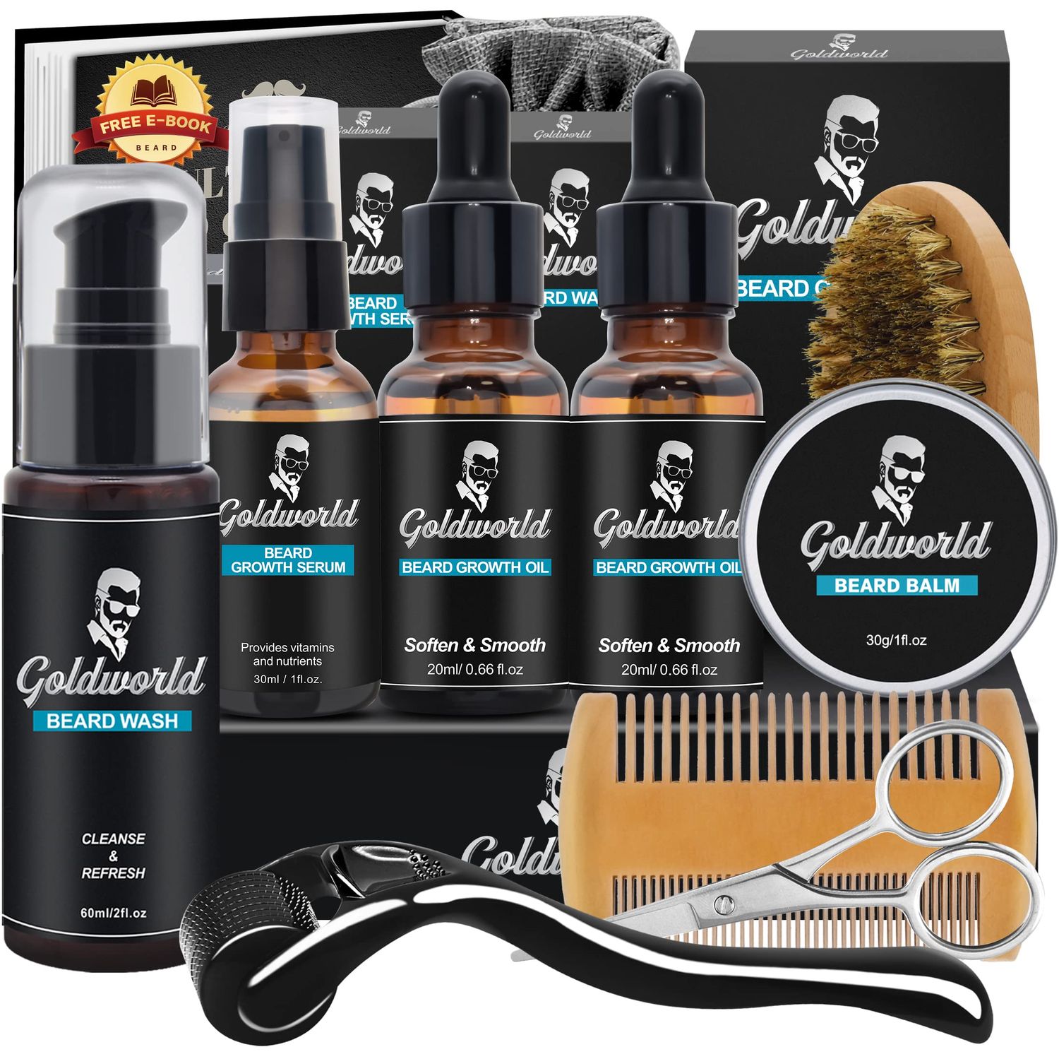 Beard Kit,Beard Grooming Kit w/Beard Wash/Shampoo,2 Packs Beard Oil,Beard Balm,Beard Wash,Brush,Comb,Scissor,Storage Bag,E-Book,Beard Care &amp; Trimming Kit Gifts for Men Him