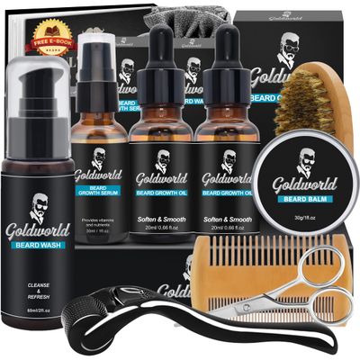 Beard Kit,Beard Grooming Kit w/Beard Wash/Shampoo,2 Packs Beard Oil,Beard Balm,Beard Wash,Brush,Comb,Scissor,Storage Bag,E-Book,Beard Care &amp; Trimming Kit Gifts for Men Him