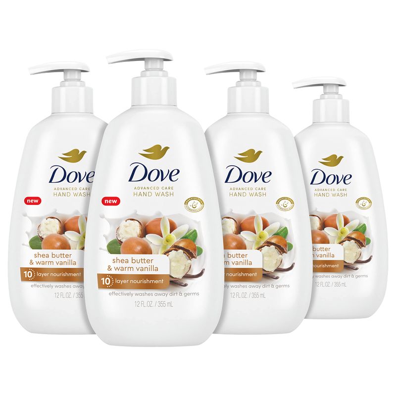 Dove Advanced Care Hand Wash Shea Butter &amp; Warm Vanilla 4 Count for Soft, Smooth Skin, More Moisturizers than the Leading Ordinary Hand Soap, 12 oz