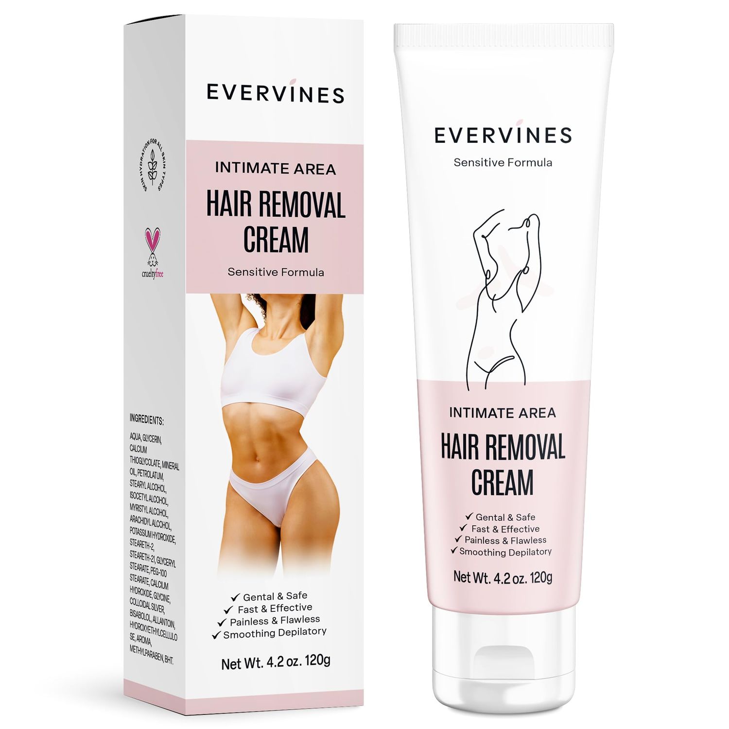 Evervines Hair Removal Cream for Women: Bikini Pubic &amp; Intimate Areas Legs Arms Underarms - Fast Gentle Painless Depilatory with Scraper for Sensitive Skin at Home or Travel (4.2oz)