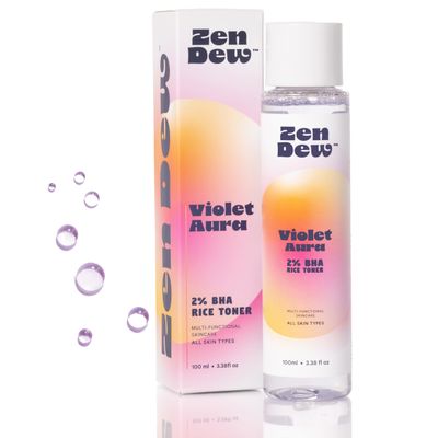 2% BHA Liquid Rice Toner | Violet Aura by Zen Dew | 2% Salicylic Acid Toner for Face, 73% Korean Rice Milk &amp; 2% Niacinamide | Pore Minimizer for Face, Brightens, 3.38 fl oz. Made in S. Korea