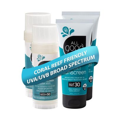 All Good Sport Face &amp; Body Sunscreen - UVA/UVB Broad Spectrum, Water Resistant, Coral Reef Friendly - (2) SPF 50 Butter Sticks &amp; (2) SPF 30 Lotions