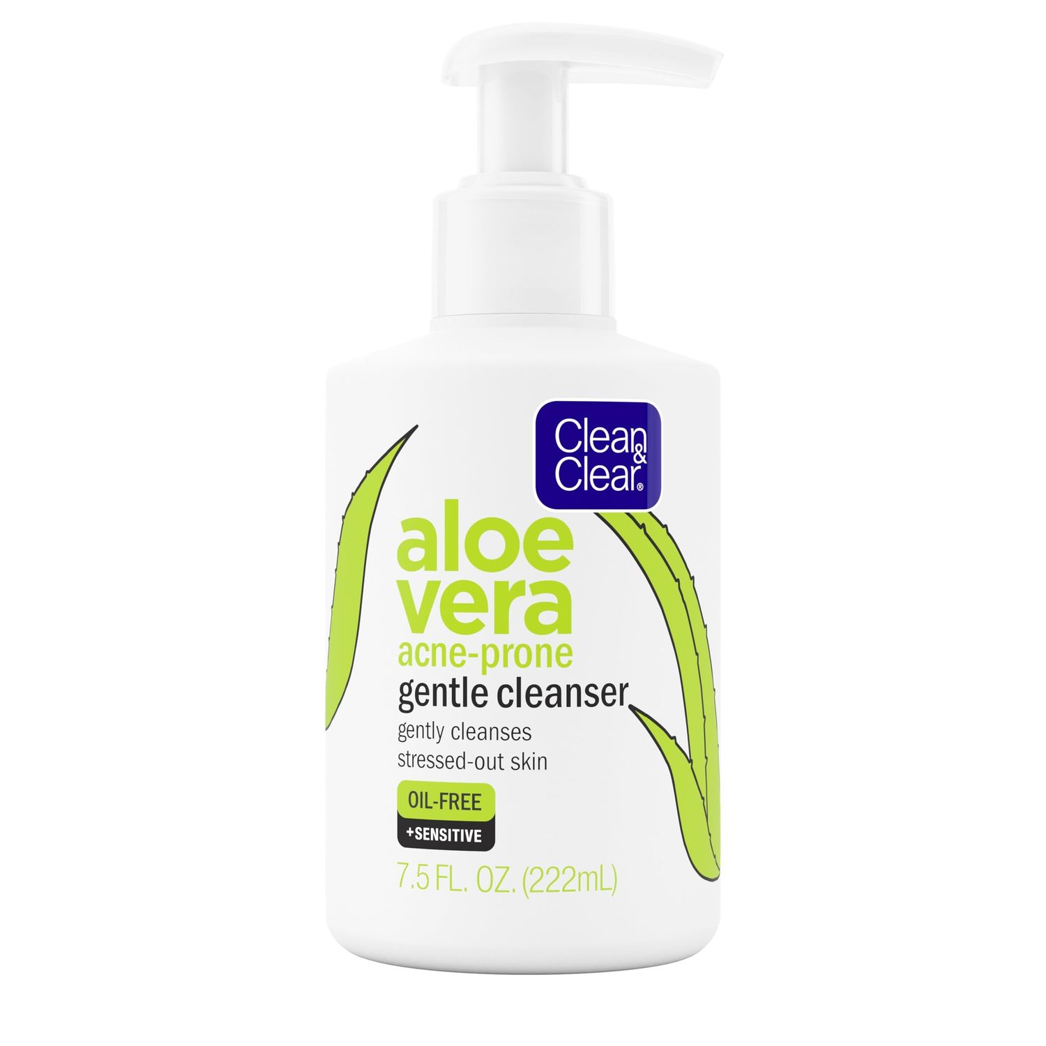 Clean &amp; Clear Aloe Vera Gentle Facial Cleanser for Acne-Prone &amp; Sensitive Skin, Oil-Free Daily Face Wash with Aloe Vera, Vegan, No Animal Testing, Paraben-, Soap- &amp; Dye-Free, 7.5 fl. oz