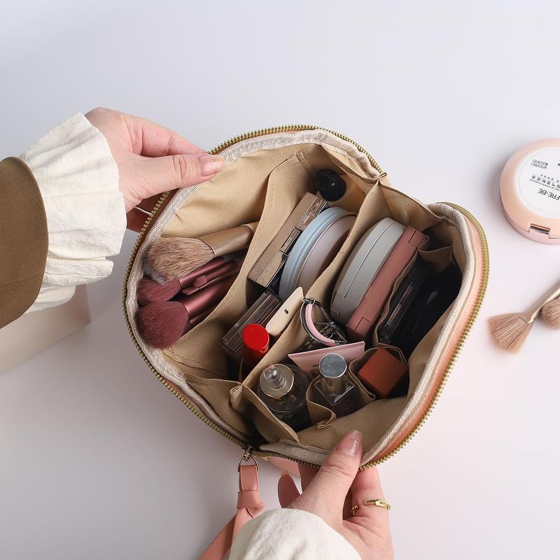cirea Egg White Clamshell PU Makeup Bag for Purse Portable Small Cosmetic Travel Bag for Women Cute Skincare Bag (Pink)