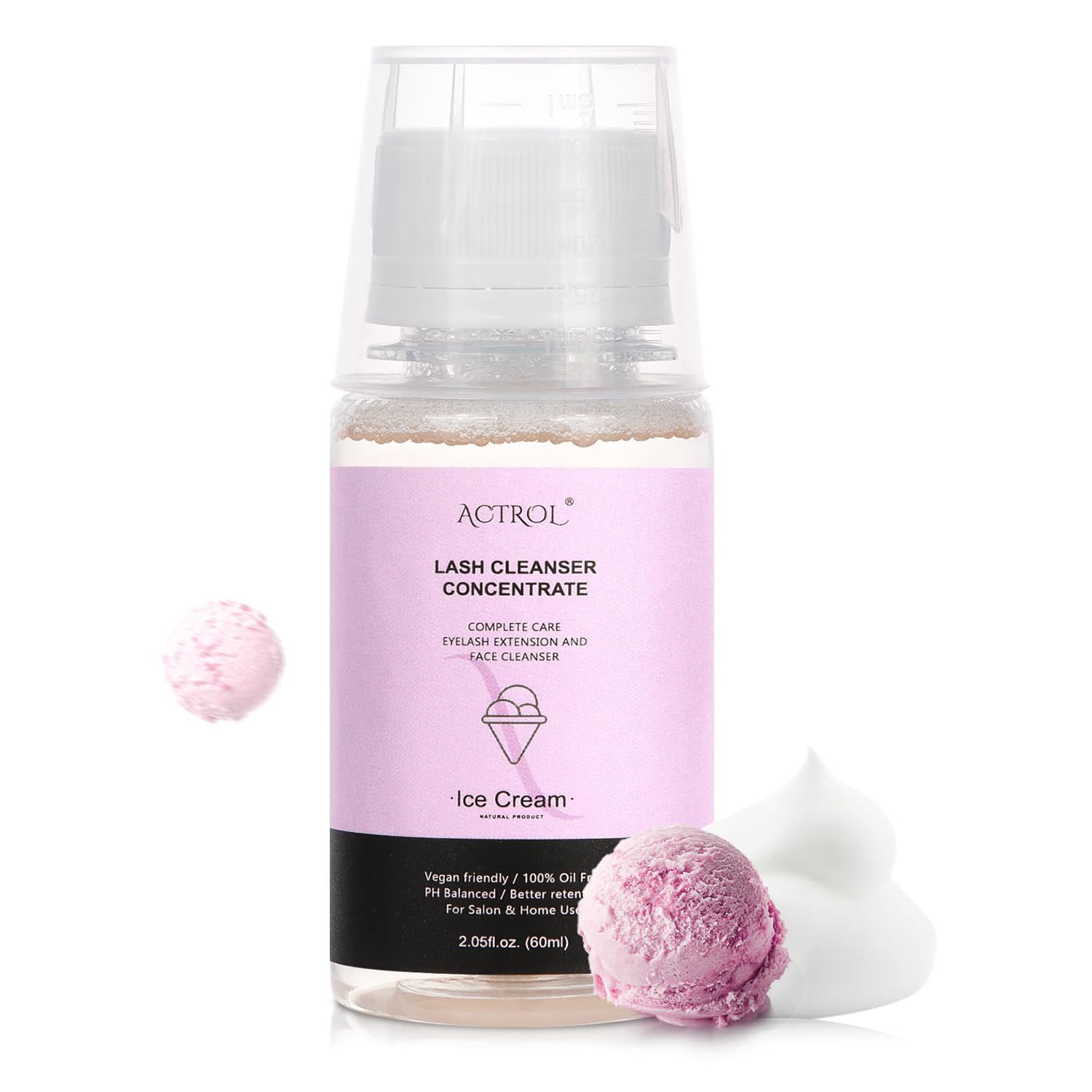 ACTROL Eyelash Cleanser Concentrate 60ml Ice Cream Professional Lash Shampoo Foaming Cleanser DIY Paraben &amp; Sulfate Free Non-lrritating Wash for Extensions Lashes with Salon Home Care-Makes 6 Bottles