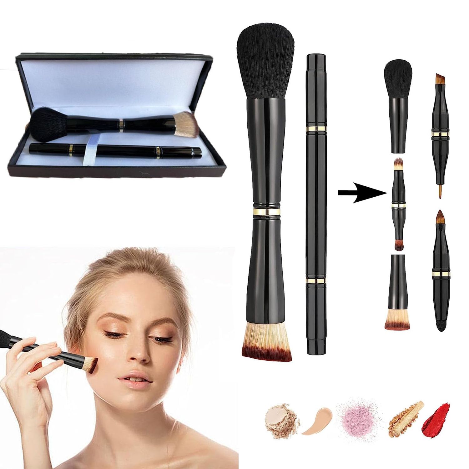 Geamuo Two 4 in 1 Makeup Brush with Case,Double Ended Travel Makeup Brush Set Professional,Includes Foundation,Blush,Eyeshadow,Concealer Brushes,Powder,Portable Mini Travel Makeup Brushes Ideal Gift