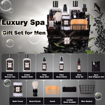 Charcoal Bath and Body Gift Set for Men, 10 Pcs Spa Kits with Shower Gel Bubble Bath Body Mist and More. Ideal Birthday, Christmas and Fathers Gifts. Men's Relaxation Bath Baskets