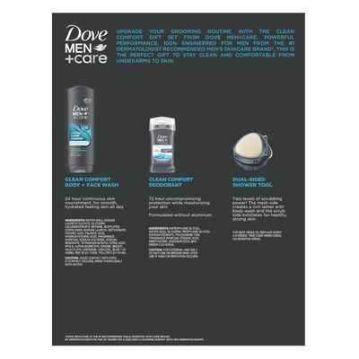 Dove Men+Care Gift Set - Clean Comfort Body + Face Wash, Clean Comfort Aluminum-Free Deodorant &amp; Dual-Sided Shower Tool (3 Piece Set)