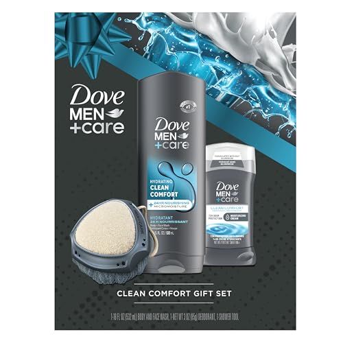 Dove Men+Care Gift Set - Clean Comfort Body + Face Wash, Clean Comfort Aluminum-Free Deodorant &amp; Dual-Sided Shower Tool (3 Piece Set)