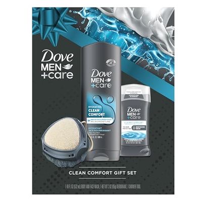 Dove Men+Care Gift Set - Clean Comfort Body + Face Wash, Clean Comfort Aluminum-Free Deodorant &amp; Dual-Sided Shower Tool (3 Piece Set)