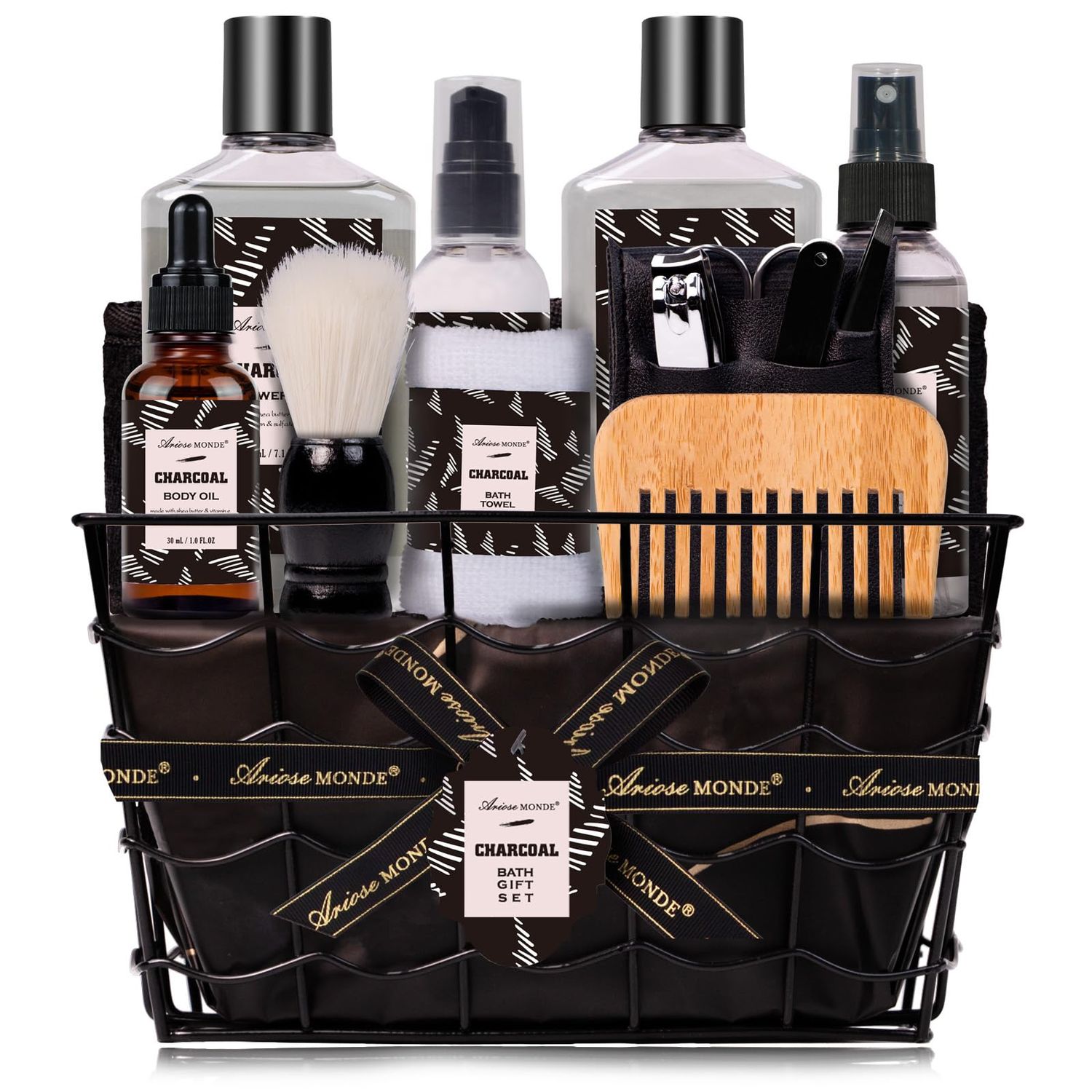 Charcoal Bath and Body Gift Set for Men, 10 Pcs Spa Kits with Shower Gel Bubble Bath Body Mist and More. Ideal Birthday, Christmas and Fathers Gifts. Men&#39;s Relaxation Bath Baskets