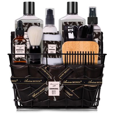 Charcoal Bath and Body Gift Set for Men, 10 Pcs Spa Kits with Shower Gel Bubble Bath Body Mist and More. Ideal Birthday, Christmas and Fathers Gifts. Men&#39;s Relaxation Bath Baskets
