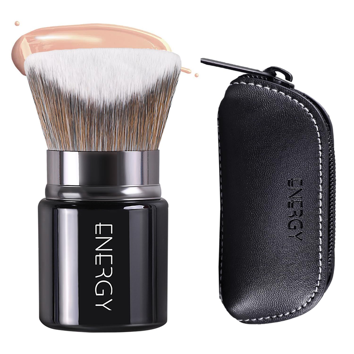ENERGY Small Kabuki Brush Angled Foundation Brush for Liquid, Cream and Powders Blending Buffing Contouring Soft Vegan Fibres Face Makeup Brush With Travel Bag Black