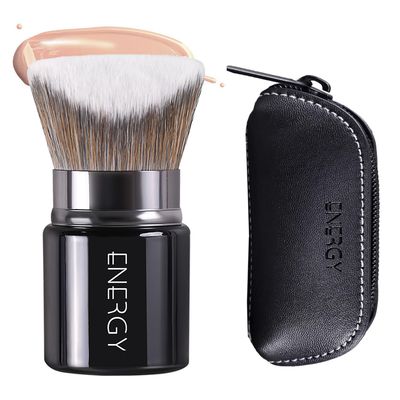 ENERGY Small Kabuki Brush Angled Foundation Brush for Liquid, Cream and Powders Blending Buffing Contouring Soft Vegan Fibres Face Makeup Brush With Travel Bag Black
