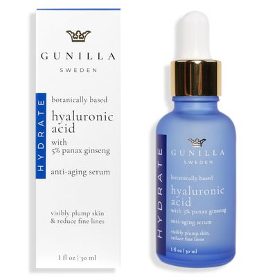 GUNILLA Hyaluronic Acid &amp; Ginseng Serum: Vegan. Plant-Based Anti-Aging Serum, Plumping, Firming &amp; Hydrating, Reduce the Appearance of Wrinkles. 14 Actives &amp; Herbals. Natural. Oil-Free. 1 oz
