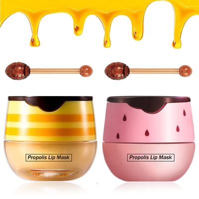 2PCS Bee Lip Balm Honey Pot,Strawberry &amp; Honey Moisturizing Propolis Lip Mask,Hydrating Prevention Dry and Cracked Lip Scrubs Exfoliator,Lip Sleep Mask Reduces Lip Lines Lip Skin Care Products