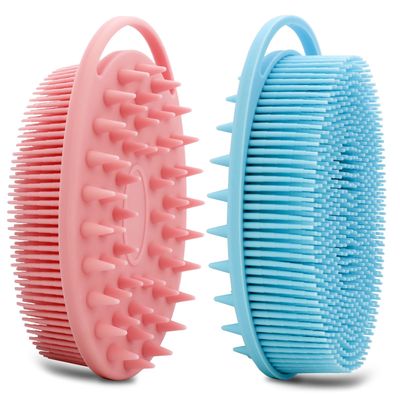 2 Pack Silicone Body Scrubber, Silicone Loofah Double-Sided Body Brush,Silicone Shower Scrubber and Scalp Massager Shampoo Brush for Sensitive Kids Women Men All Kinds of Skin (Pink &amp; Blue)