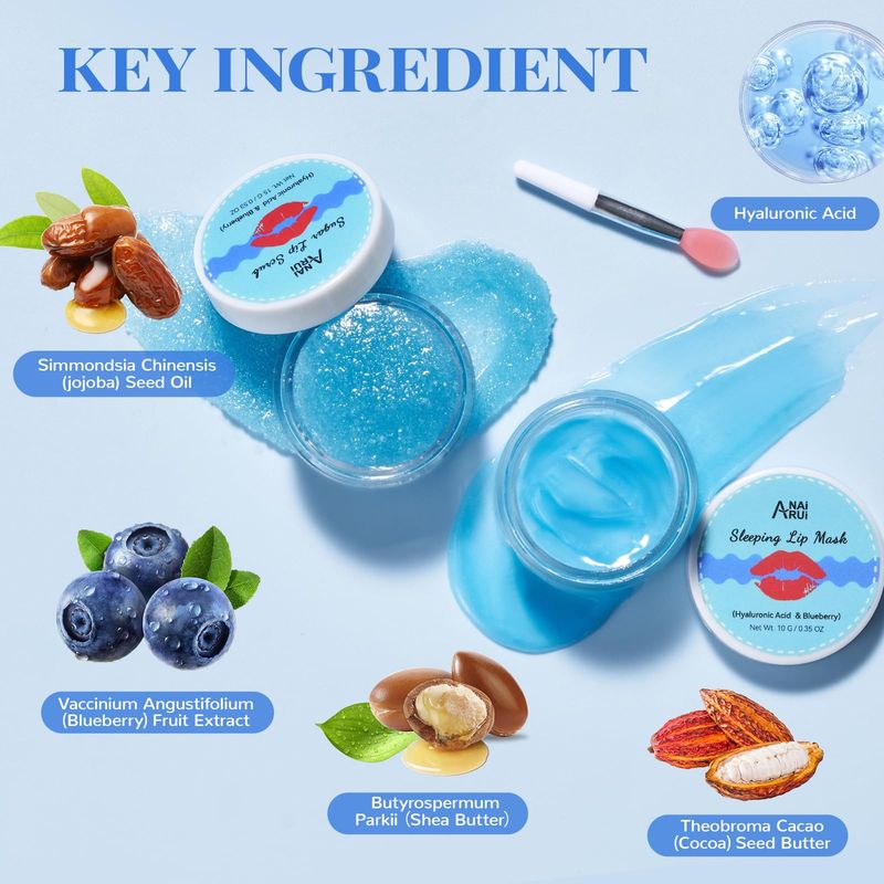 ANAI RUI Lip Therapy Set, Lip Scrub &amp; Lip Mask, Overnight Moisturizing Lip Care Kit, Suagr Lip Exfoliator and Lip Sleeping Mask for A Soft Lips, Lip Gift Set for Dry, Chapped, Dark Lips, Blueberry