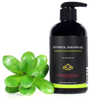 Botanical Shaving Gel, Sandalwood &amp; Peppermint, 8oz All Natural Skin Care. For Smooth Gentle Shave.