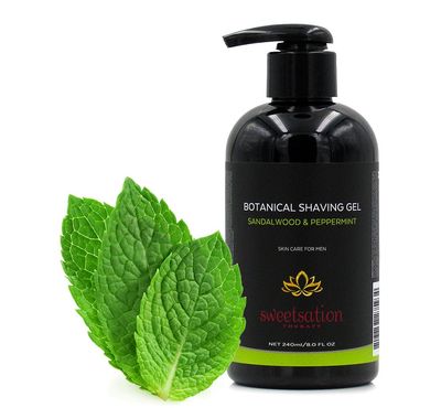 Botanical Shaving Gel, Sandalwood &amp; Peppermint, 8oz All Natural Skin Care. For Smooth Gentle Shave.