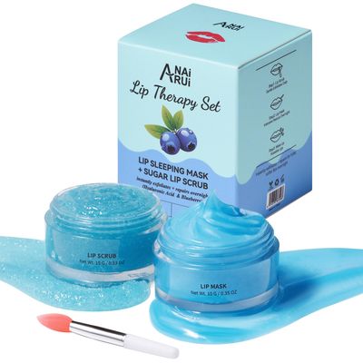 ANAI RUI Lip Therapy Set, Lip Scrub &amp; Lip Mask, Overnight Moisturizing Lip Care Kit, Suagr Lip Exfoliator and Lip Sleeping Mask for A Soft Lips, Lip Gift Set for Dry, Chapped, Dark Lips, Blueberry