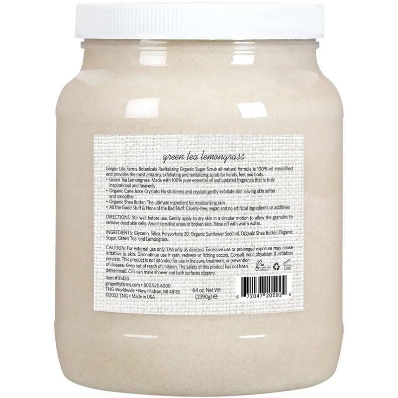 Ginger Lily Farms Botanicals Revitalizing Organic Sugar Scrub, All-Natural Skin Exfoliating Sugar Crystals, 100% Vegan &amp; Cruelty-Free, Green Tea Lemongrass, 64 oz.
